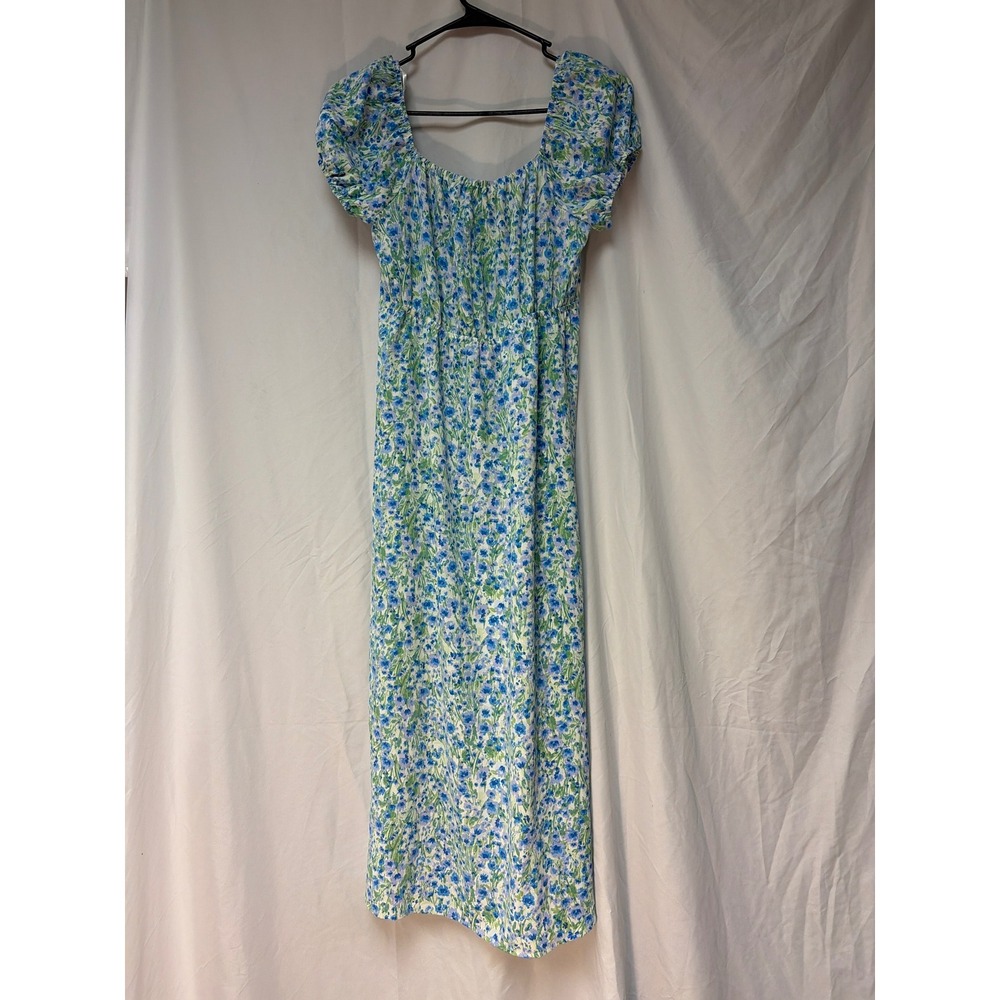 Monteau Los Angeles Blue Green Floral Puff Sleeve Midi Dress Cottagecore XS - Picture 3 of 3